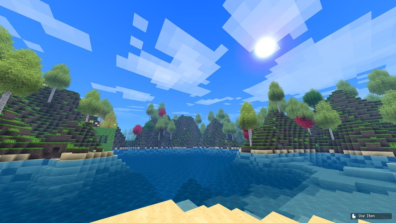 Allumeria forest lake with trees, hills, and a dungeon in the distance